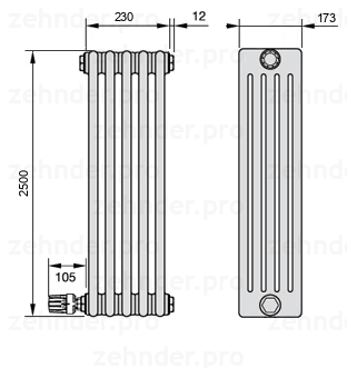 Схема (чертеж) Радиатор Zehnder Charleston 5250/5 №V004 Белый глянцевый RAL 9016